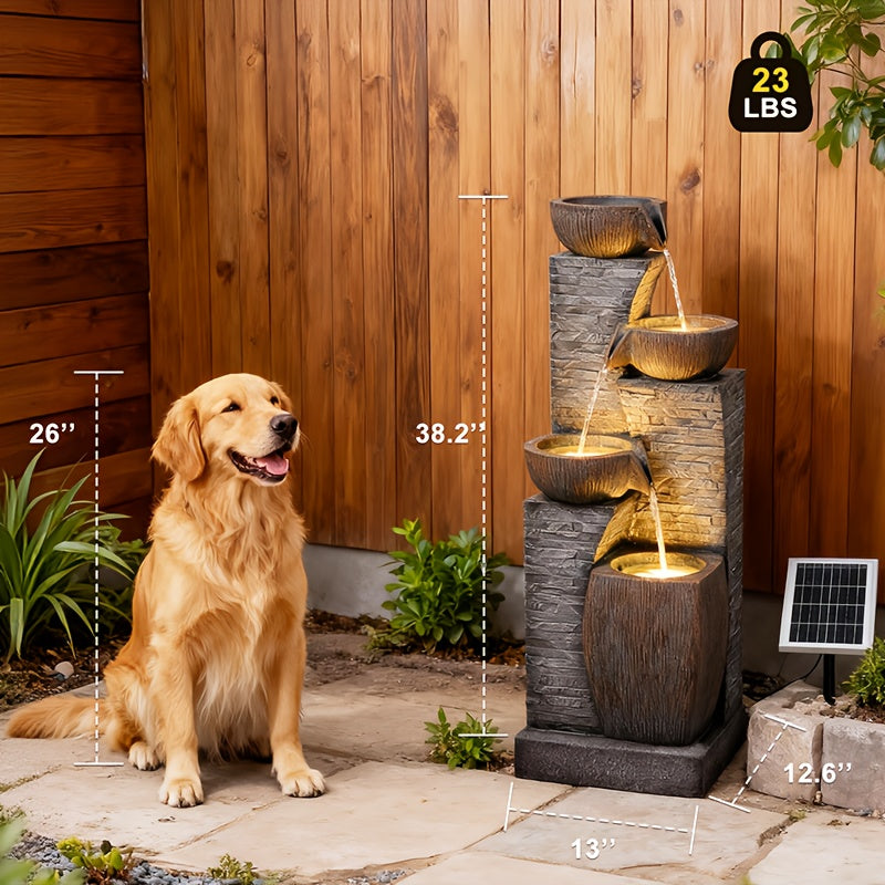 38.2" Solar Powered Water Fountain | 4 Tiers Modern Cascading Bowls and Stacked Stones with LED Lights, Grey Resin, Charging, Removable Battery — Ideal for Garden, Patio, Deck, Porch, Backyard, Lawns