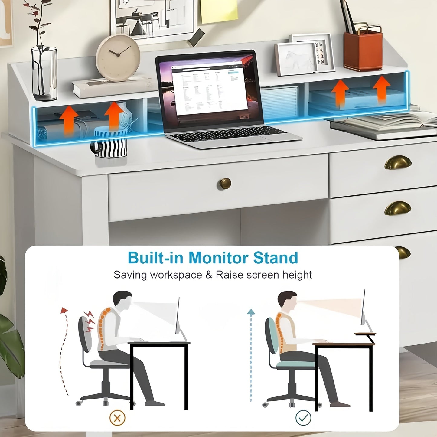 Chic Woods Home Collection — 47” Modern Home Office Desk with File Drawer & Elevated Monitor Shelf (Black + White) - solid wood furniture by Chic Woods