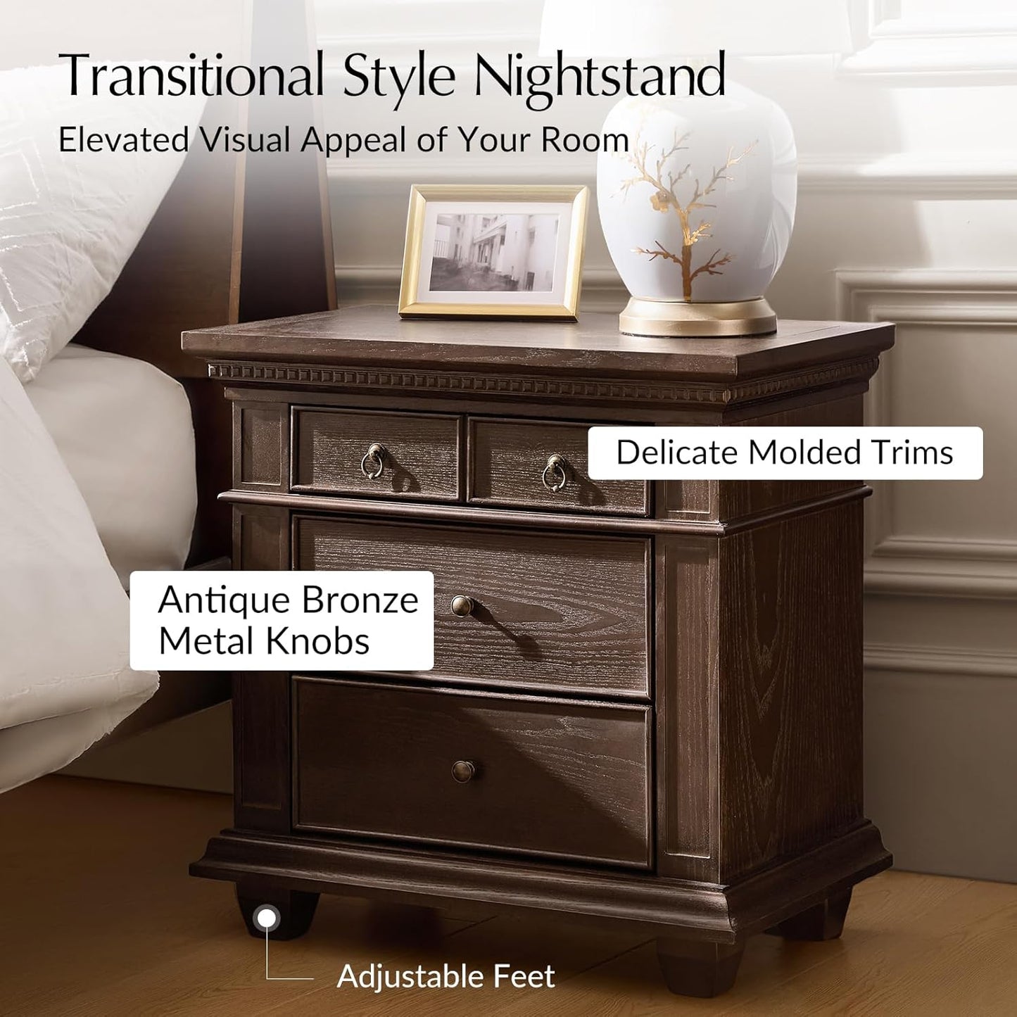 Walnut Nightstand with Charging Station & 3 Drawers