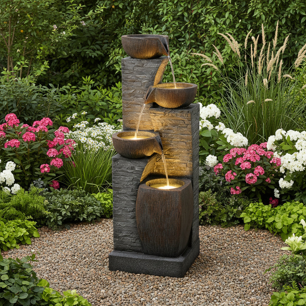 38.2" Solar Powered Water Fountain | 4 Tiers Modern Cascading Bowls and Stacked Stones with LED Lights, Grey Resin, Charging, Removable Battery — Ideal for Garden, Patio, Deck, Porch, Backyard, Lawns