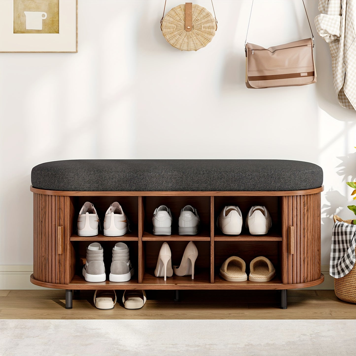 Arlington Walnut Entryway Bench with Sliding Door Shoe Storage