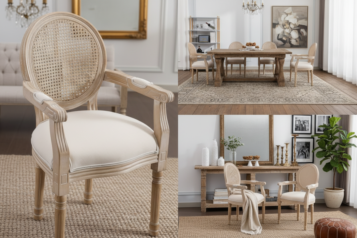 Rattan Cane Round-Back Arm Chairs — Set of Two