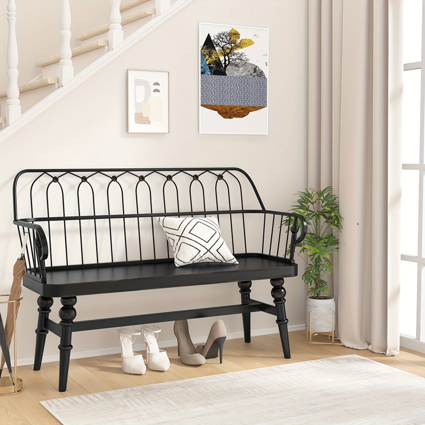 Farmhouse Spindle Back Wooden Bench