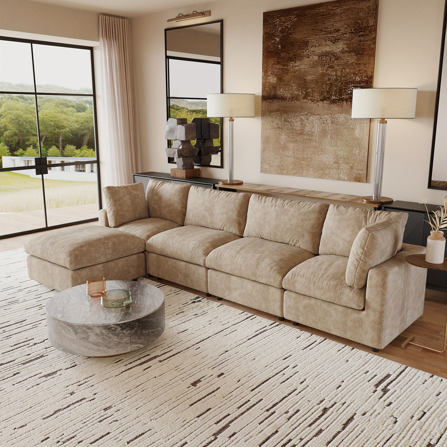 Montclair 134” Modular Lounge Sofa | Oversized L-Shape with Ottoman