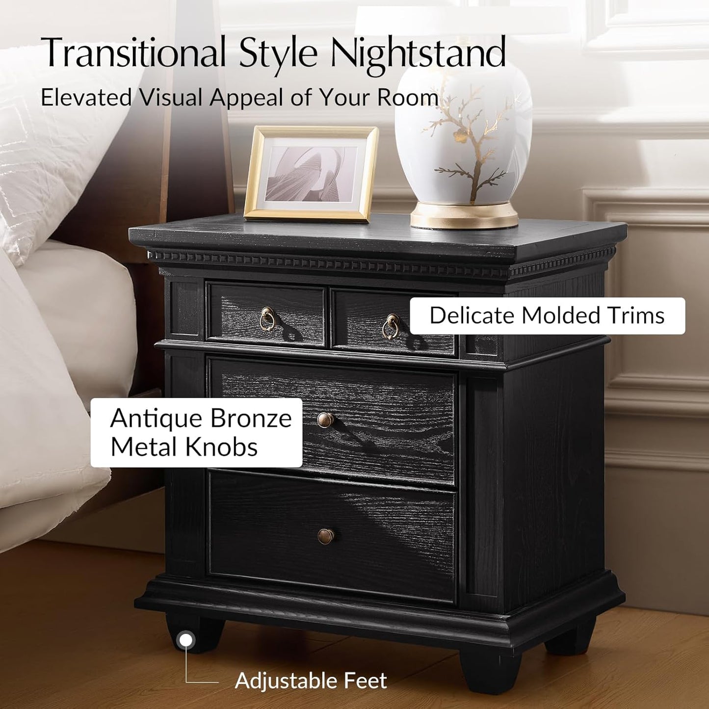 Walnut Nightstand with Charging Station & 3 Drawers