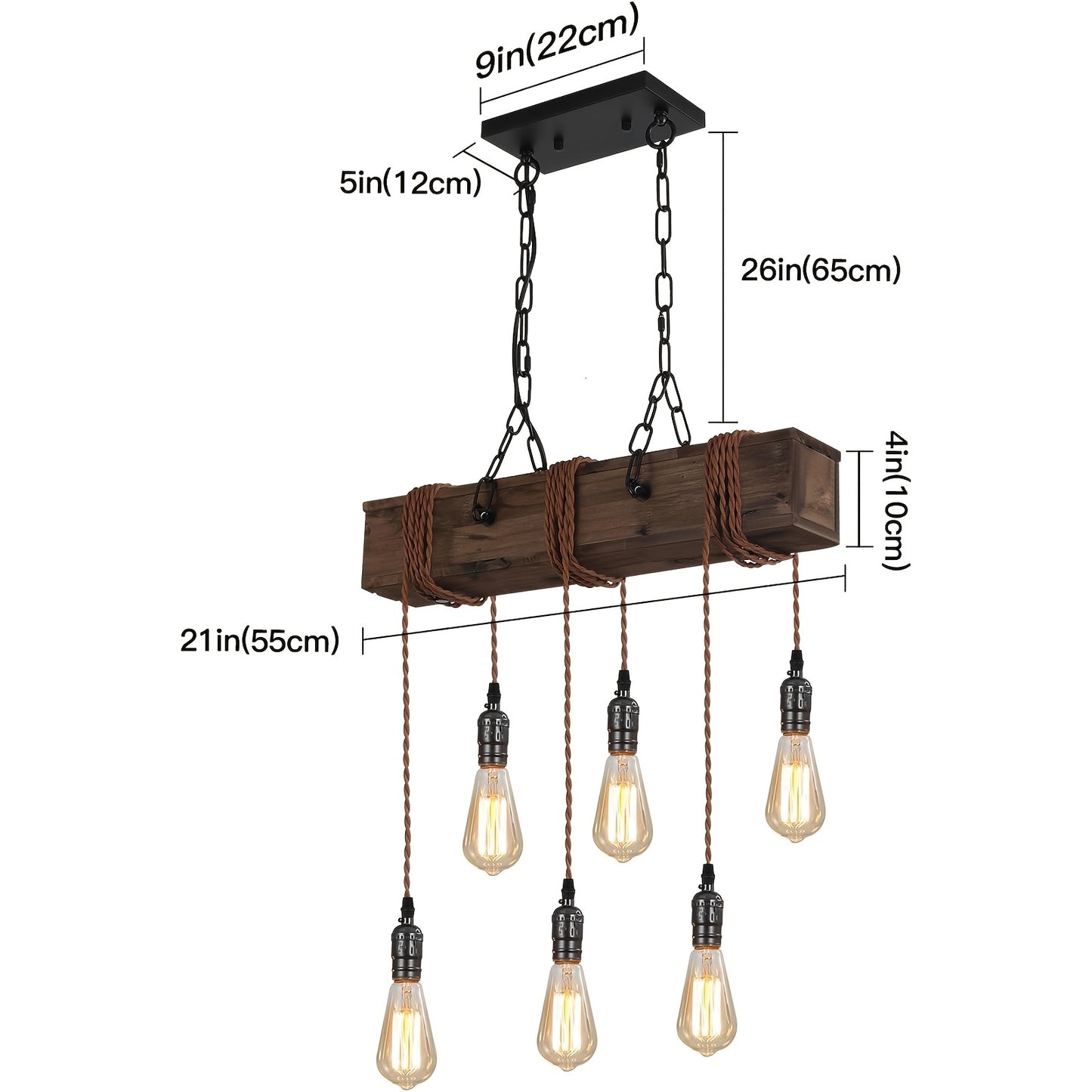 [Rustic | Farmhouse] Rustic 6-Light Farmhouse Chandelier | Adjustable Height Wooden Pendant Light with Metal Sockets | for Kitchen Island, Dining Room, Bar, Pool Table, or Cabin - Warm Ambient Lighting for Cozy Spaces