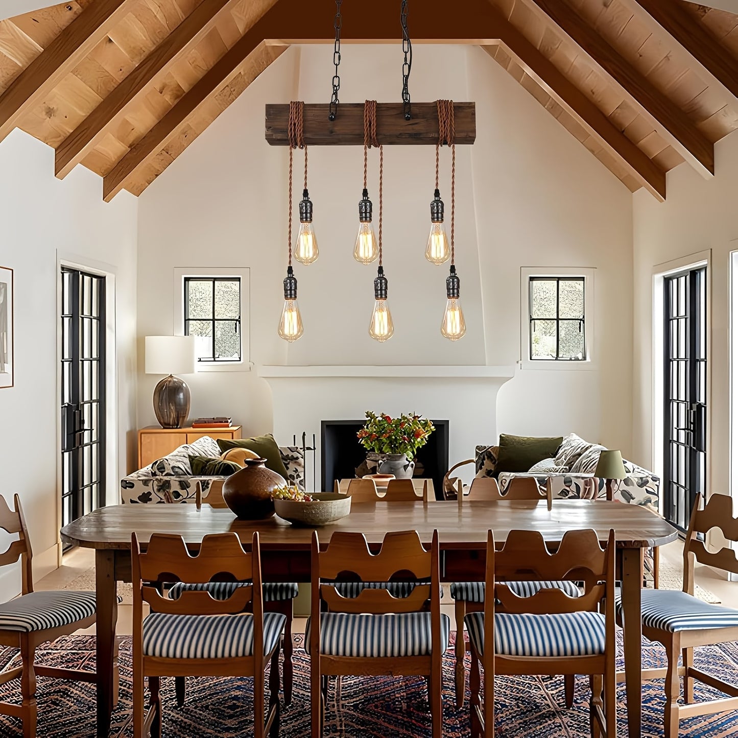 [Rustic | Farmhouse] Rustic 6-Light Farmhouse Chandelier | Adjustable Height Wooden Pendant Light with Metal Sockets | for Kitchen Island, Dining Room, Bar, Pool Table, or Cabin - Warm Ambient Lighting for Cozy Spaces