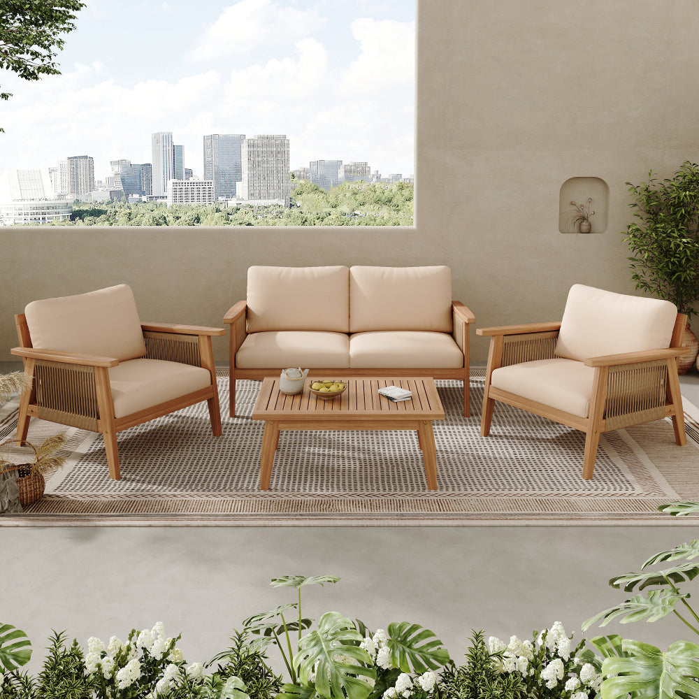 [Modular Outdoor Sofa] Acacia Wood Modular Outdoor Sofa Set 4pcs, Rope Accent Patio Furniture with [Removable Beige Cushions], Weatherproof Seating for Backyard, Garden, Deck