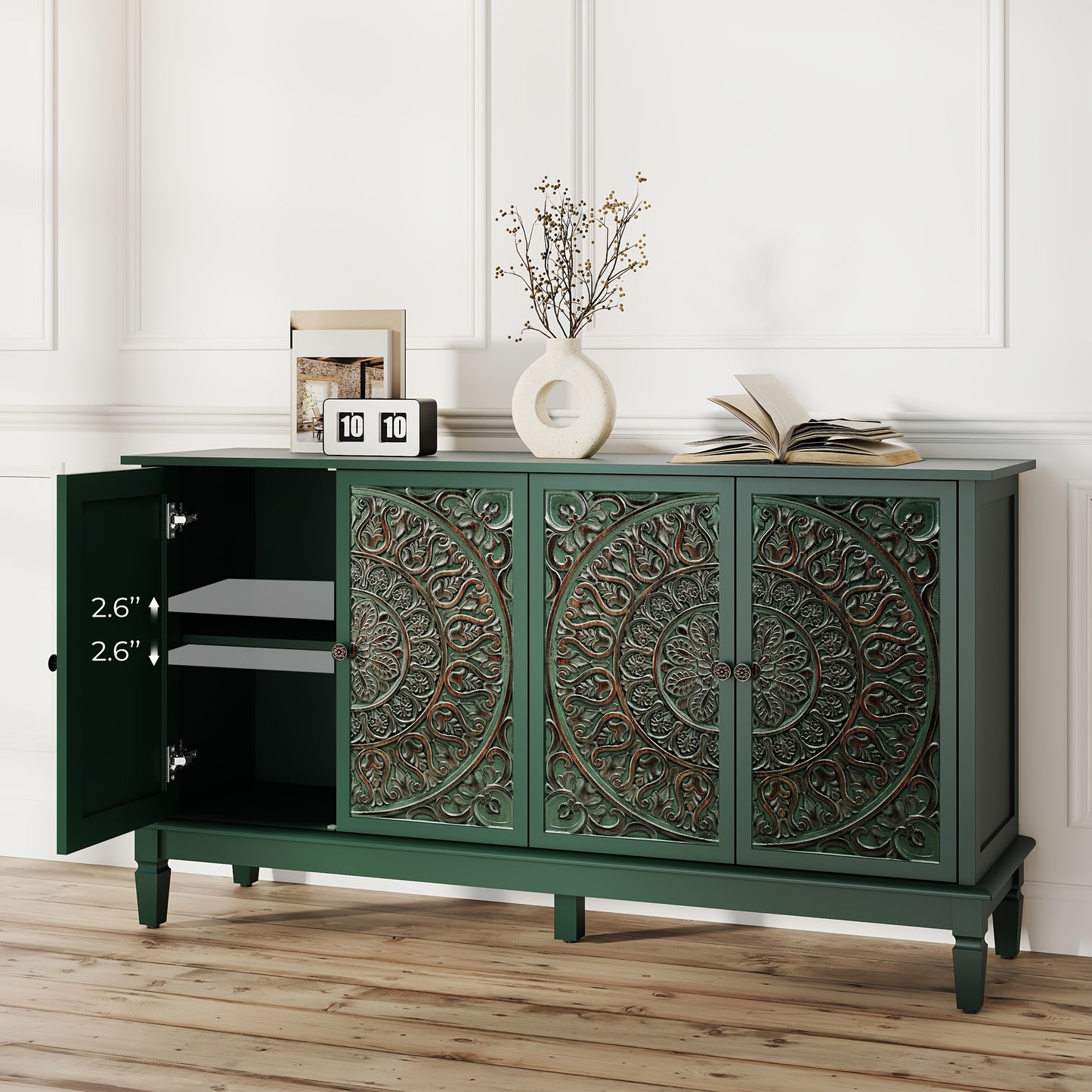 59" Modern Sideboard Buffet Cabinet | Carved and Painted Floral Door Panel, Adjustable Shelves, 4-Door Wood Storage Cabinet Suitable for Entryway, Dining Room, Living Room, Bedroom, TV Console, Hardwood, Assembly Required
