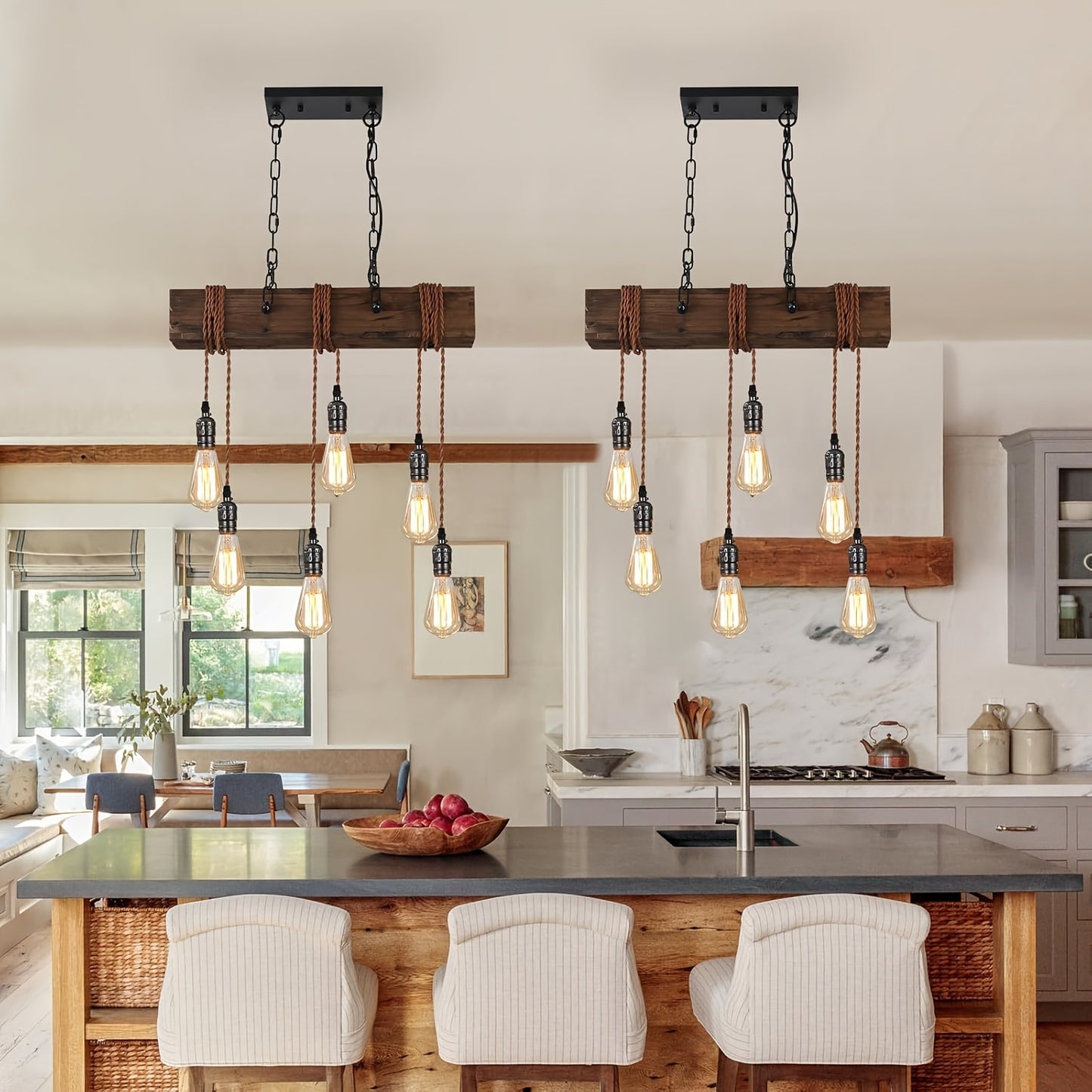 [Rustic | Farmhouse] Rustic 6-Light Farmhouse Chandelier | Adjustable Height Wooden Pendant Light with Metal Sockets | for Kitchen Island, Dining Room, Bar, Pool Table, or Cabin - Warm Ambient Lighting for Cozy Spaces