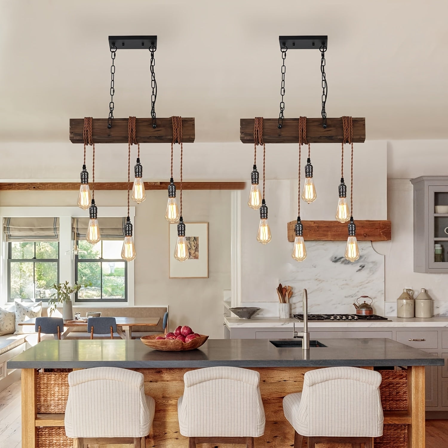 Rustic 6-Light Farmhouse Chandelier – Adjustable Wooden Pendant Light