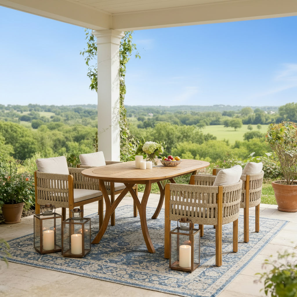 5pcs Outdoor Lovewood Dining Table And Chairs, 4pcs Club Art Rope Woven Dining Chairs with Waterproof Seat Cushions, 1 Curved Terrace Dining Table, Stylish And Modern Backyard Garden Coffee Table And Chairs