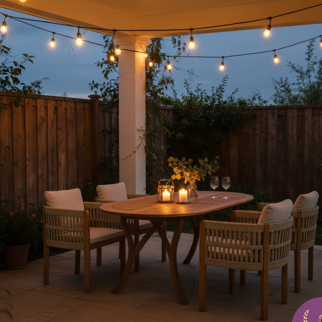 5pcs Outdoor Lovewood Dining Table And Chairs, 4pcs Club Art Rope Woven Dining Chairs with Waterproof Seat Cushions, 1 Curved Terrace Dining Table, Stylish And Modern Backyard Garden Coffee Table And Chairs