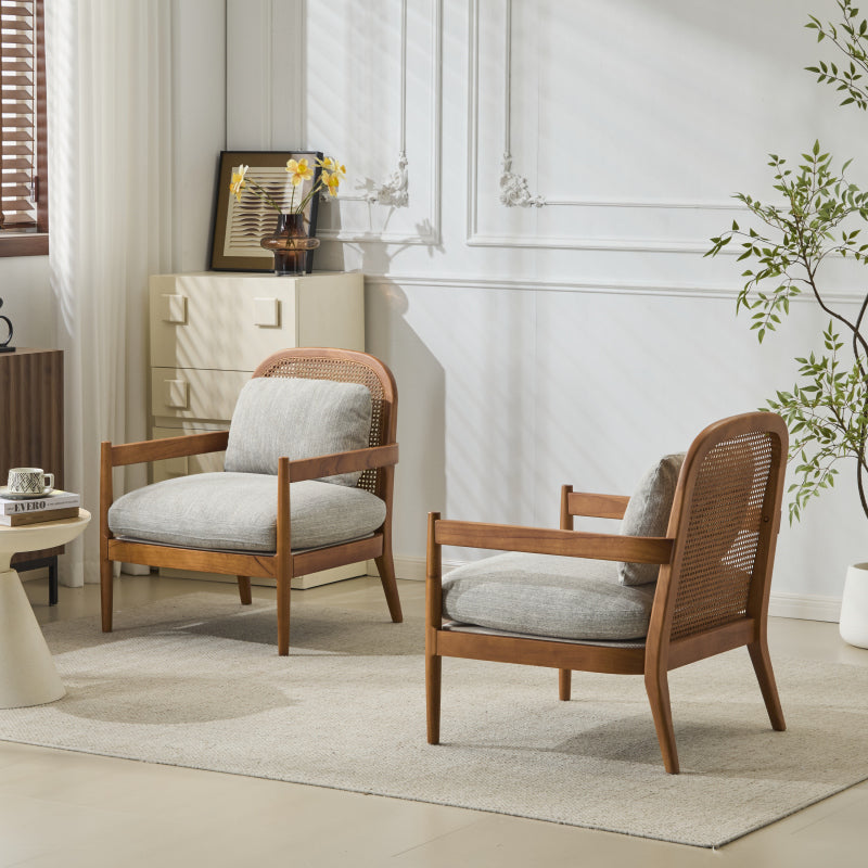 Mid-Century Walnut & Rattan Accent Chairs – Set of Two