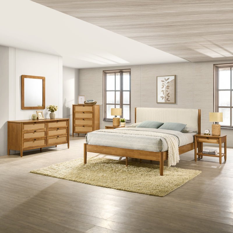 Marquette 6 - Piece Bedroom Set – Corduroy Queen Bed, Rubberwood Furniture Collection - solid wood furniture by Chic Woods