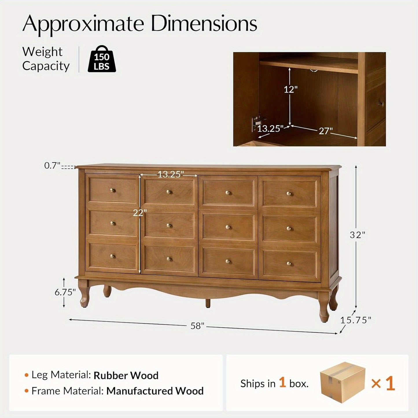 Everwoods 58” Solid Wood Buffet Cabinet