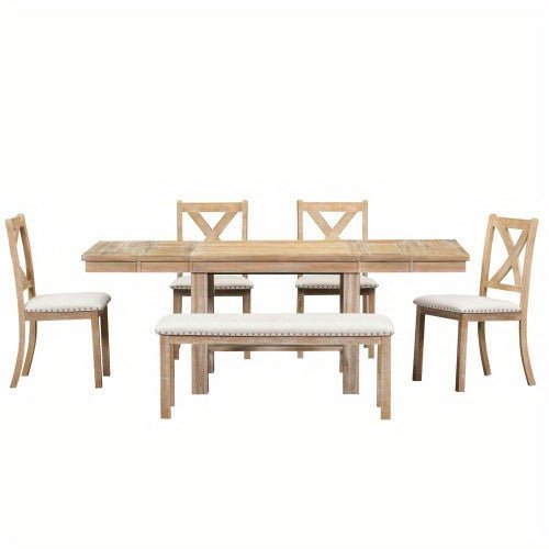 Thompson 6 - Piece Farmhouse Dining Set - 82" Extendable Table with Footrest, 4 Upholstered Chairs & Bench, Natural beige Cushions - solid wood furniture by Chic Woods