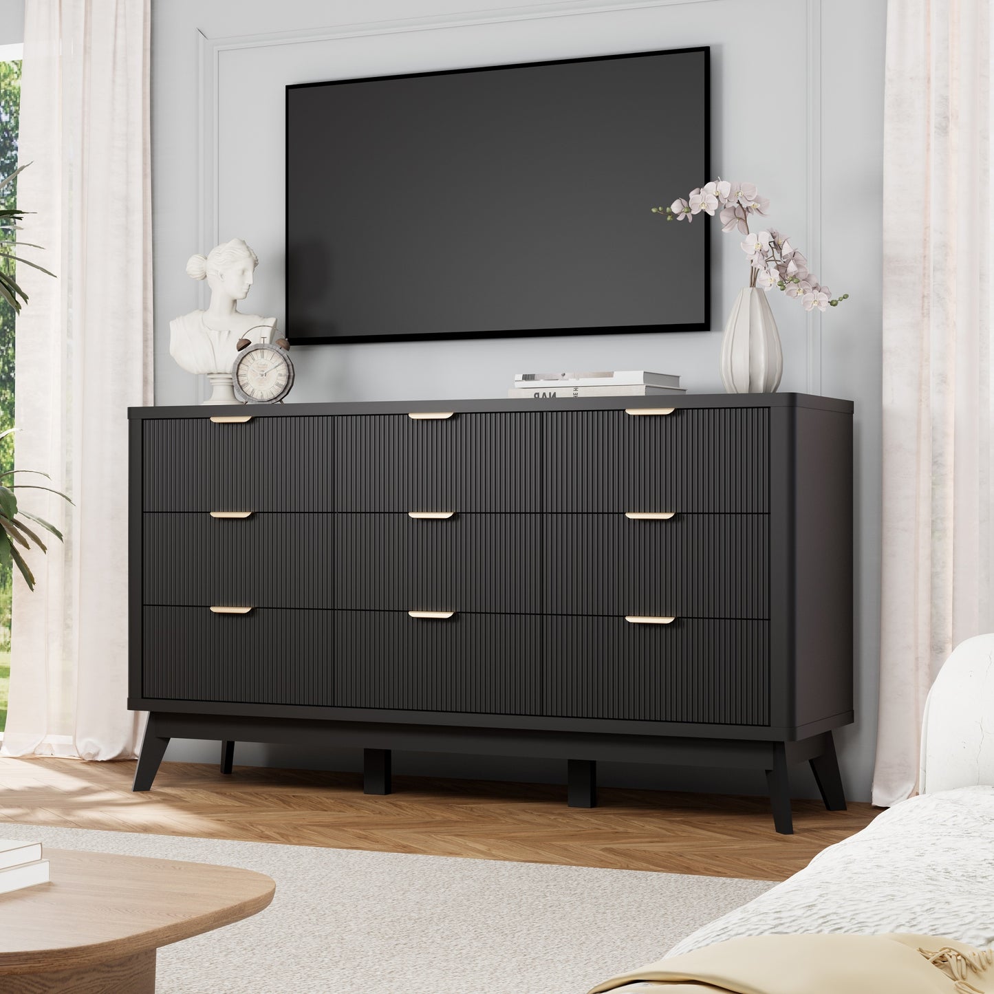 Willow Bend Nine-Drawer Wood Dresser
59″ Mid-Century Inspired Solid Wood Storage Chest