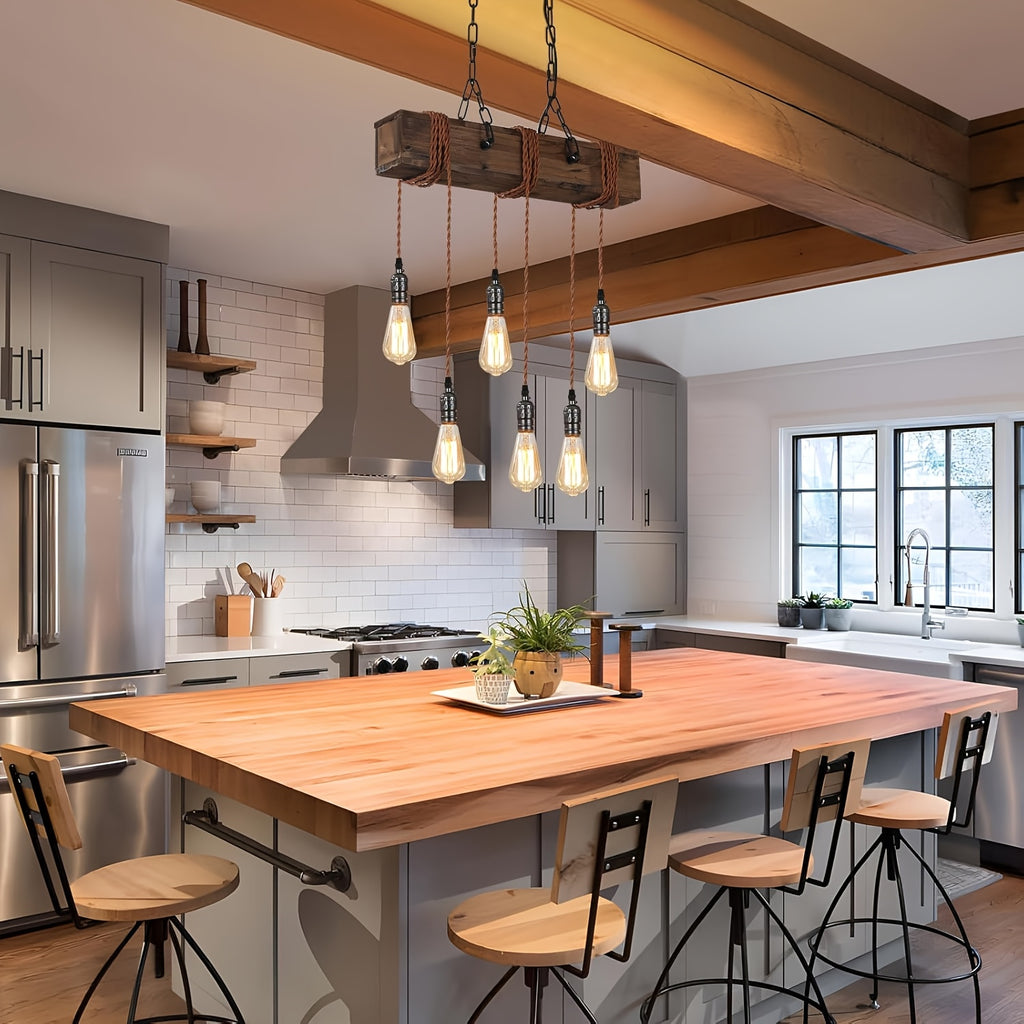 Rustic 6-Light Farmhouse Chandelier – Adjustable Wooden Pendant Light