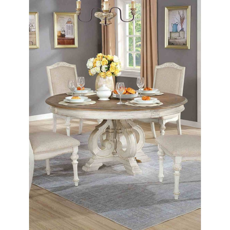 Dining Room 1pc Table Pedestal Base Antique White Round Table Solid Wood Furniture Rustic Style