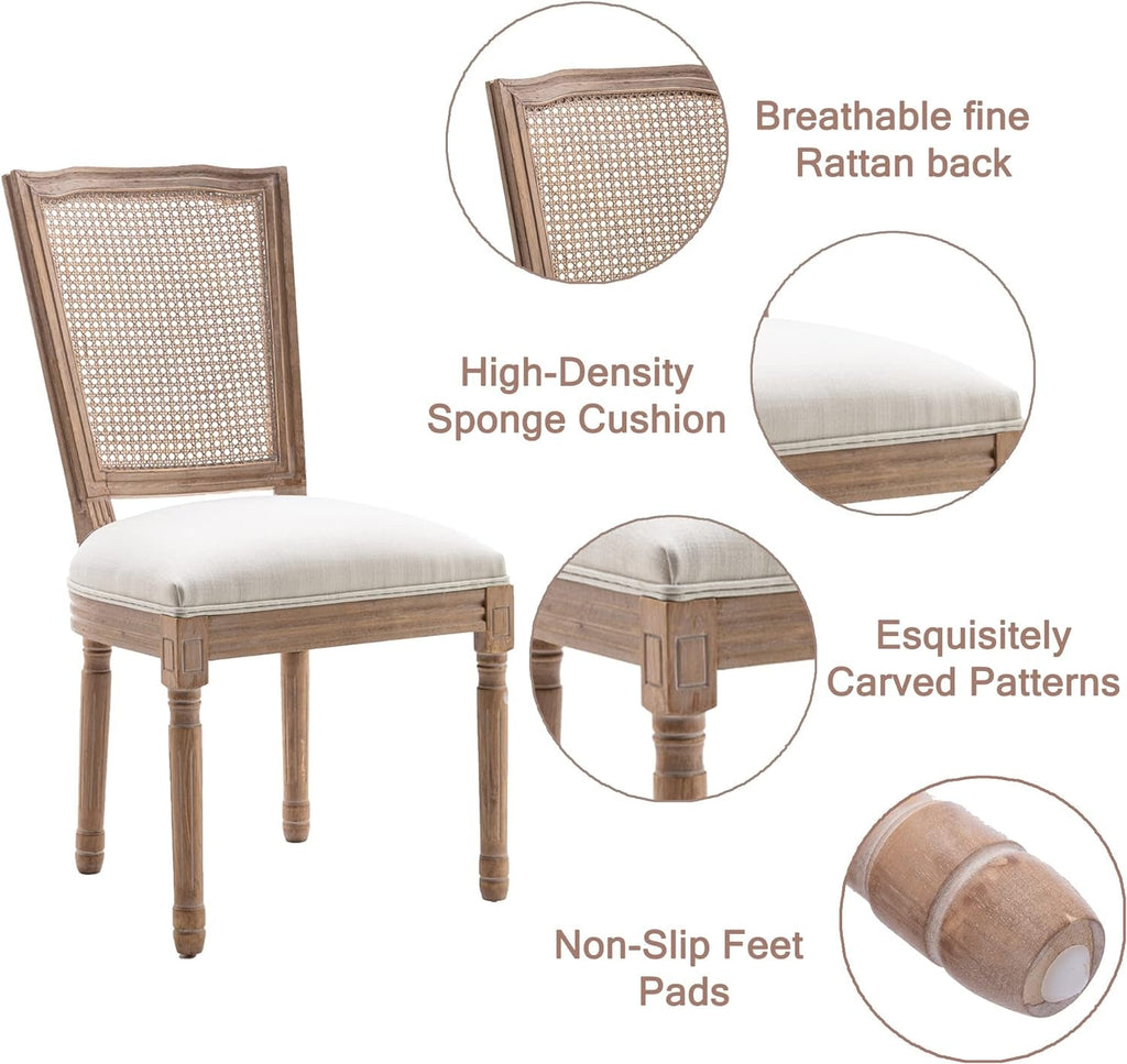 “Set of 6 French Country Rattan-Square Dining Chairs – Solid Wood Farmhouse Bistro Set”