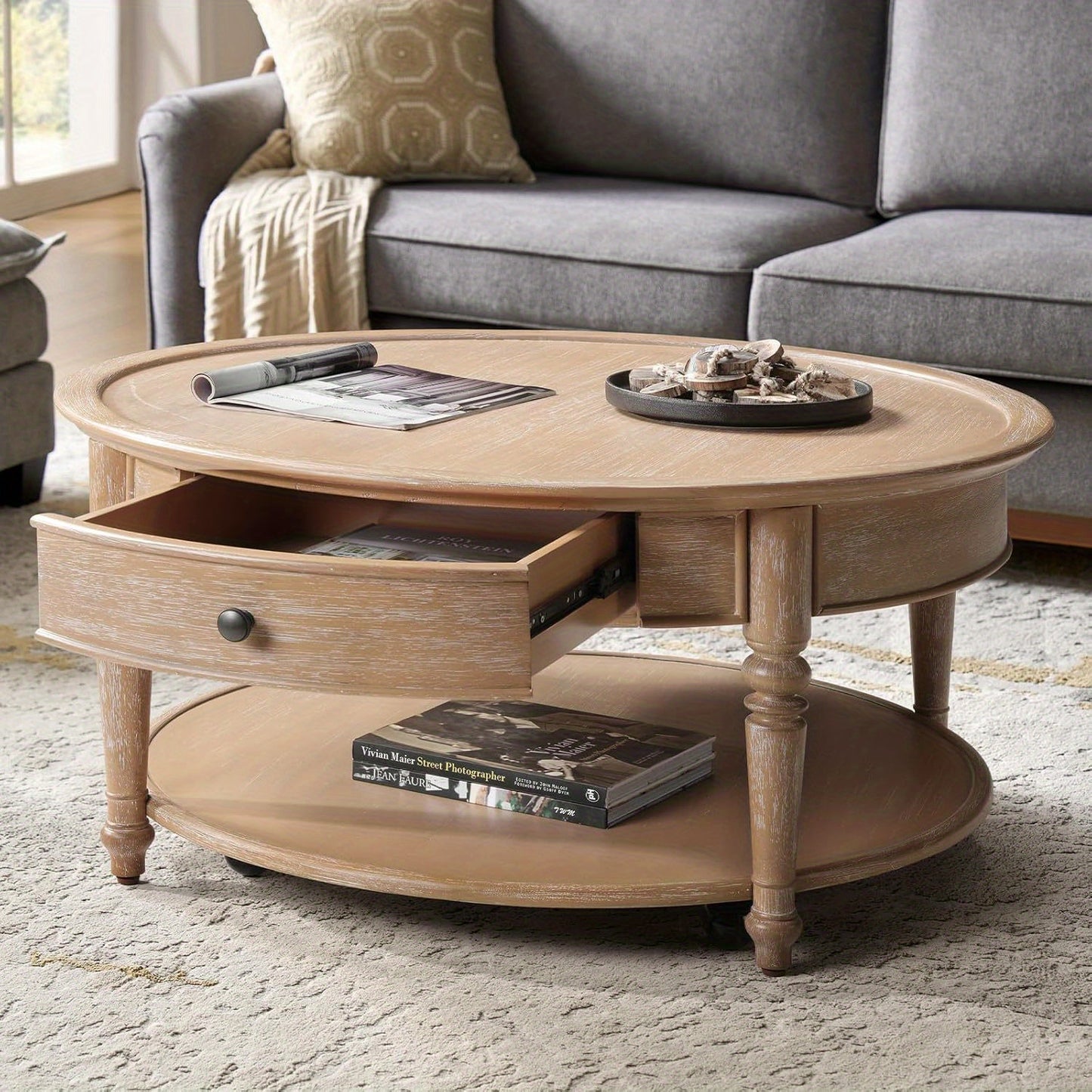 Bennett Round Walnut Coffee Table | 2-Tier with Drawer & Casters