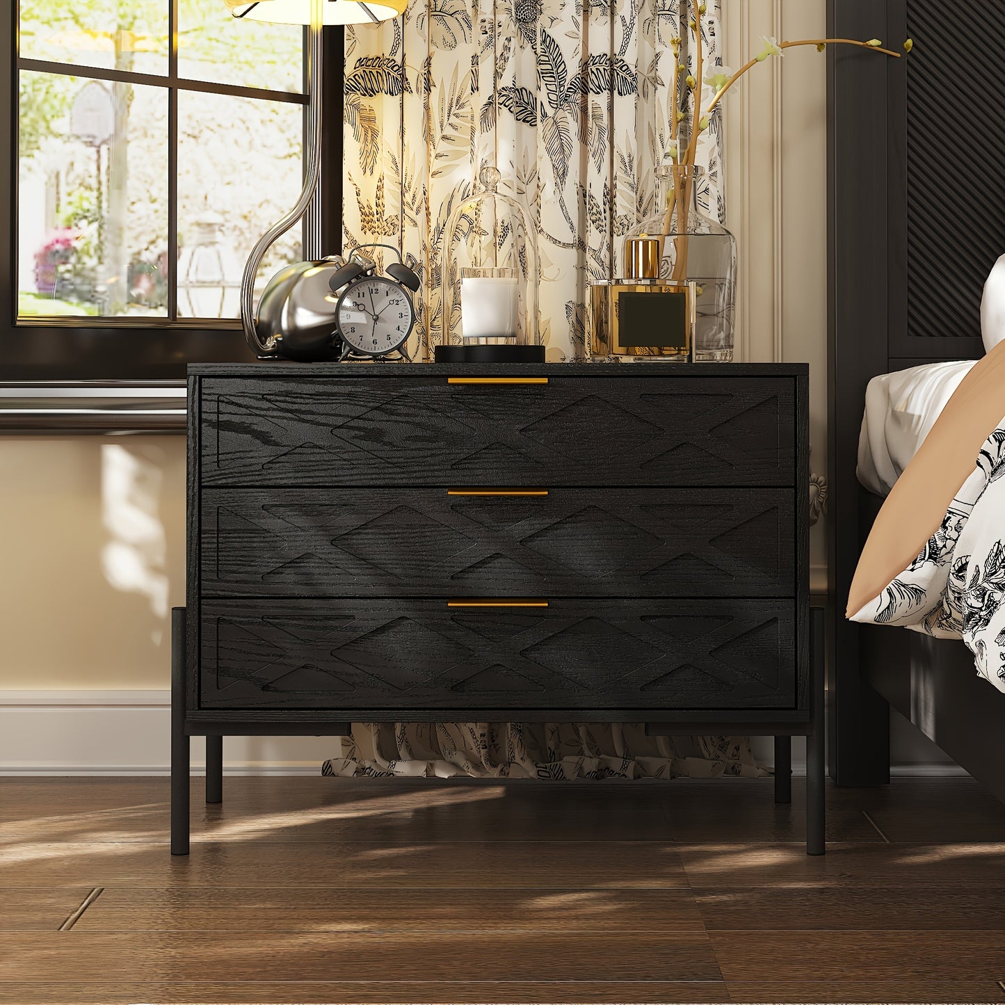 Modern 3-Drawer Nightstand with Metal Hardware