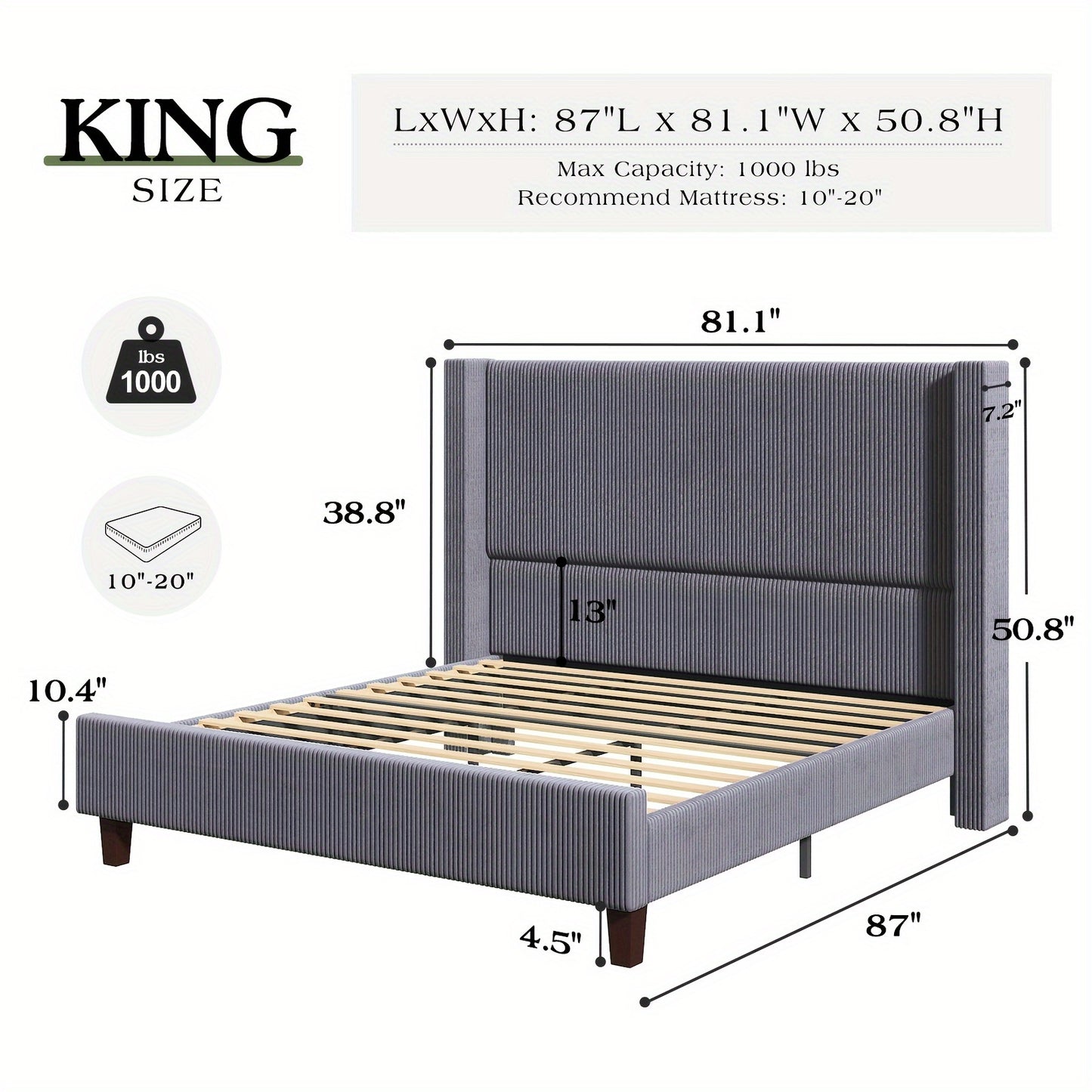 Upholstered Wingback Platform Bed Frame