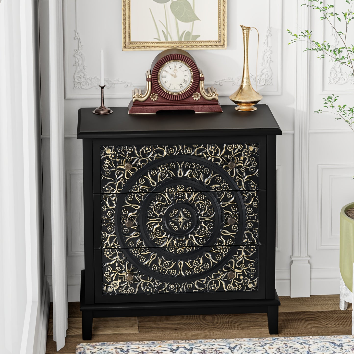 Rustic Farmhouse 3-Drawer Dresser with Floral Motif
