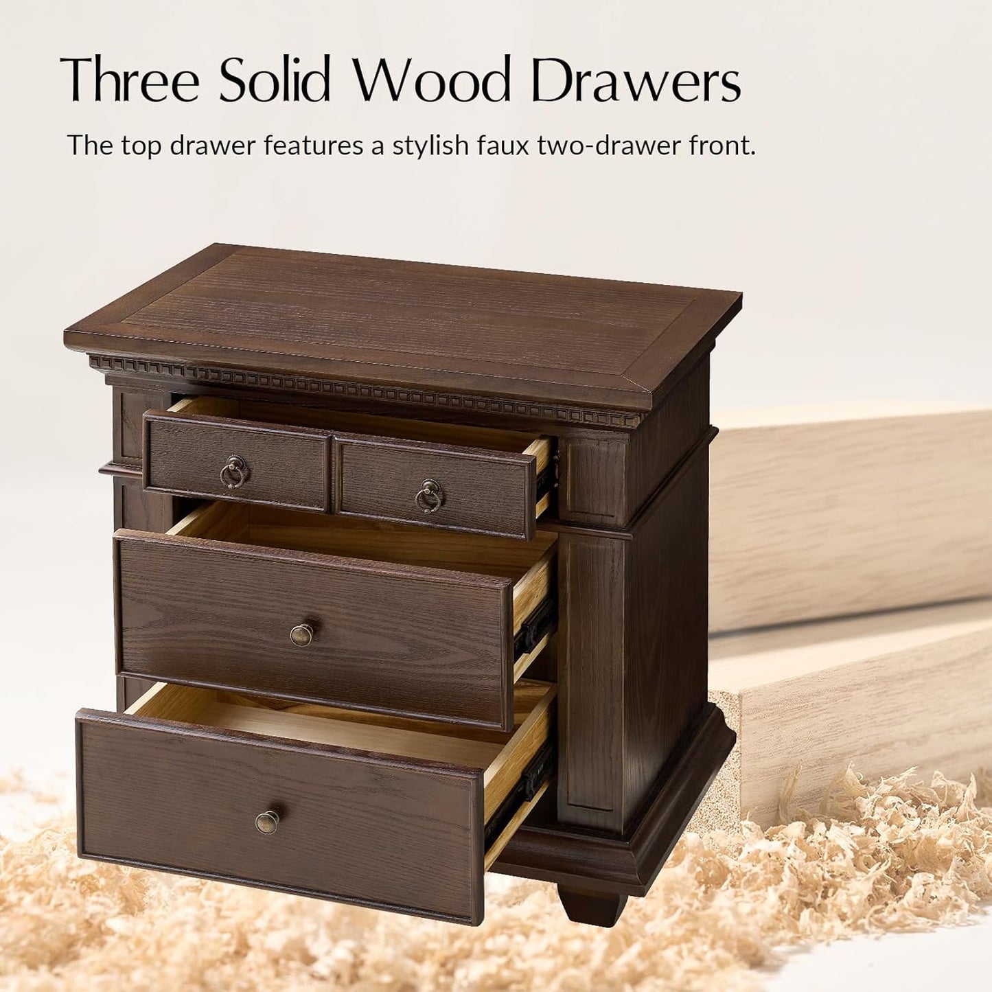 Walnut Nightstand with Charging Station & 3 Drawers