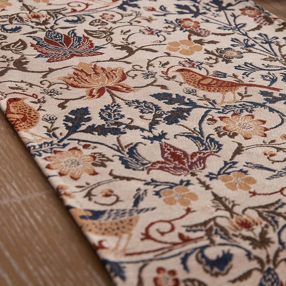 Vintage Floral & Bird Table Runner with Tassels