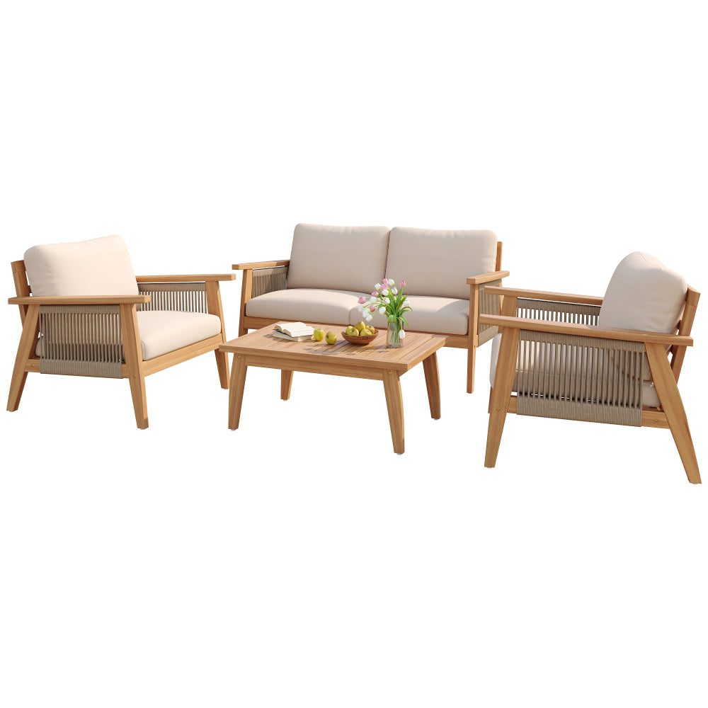 [Modular Outdoor Sofa] Acacia Wood Modular Outdoor Sofa Set 4pcs, Rope Accent Patio Furniture with [Removable Beige Cushions], Weatherproof Seating for Backyard, Garden, Deck