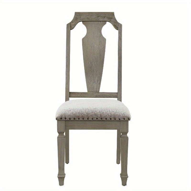 •	“Weathered Oak Open-Back Side Chairs – Set of 2 (Beige Upholstery)”