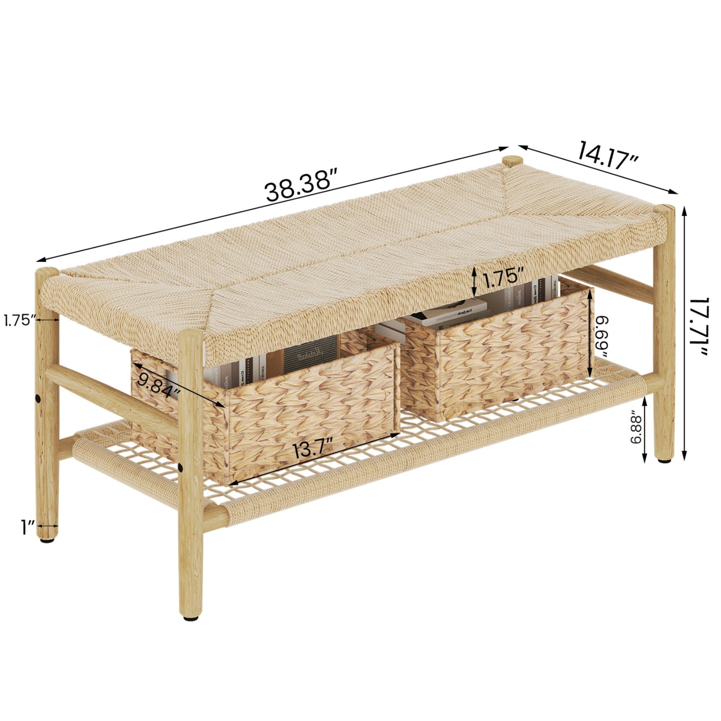 Cambria Rattan Storage Bench | 39” Woven Seat with Baskets