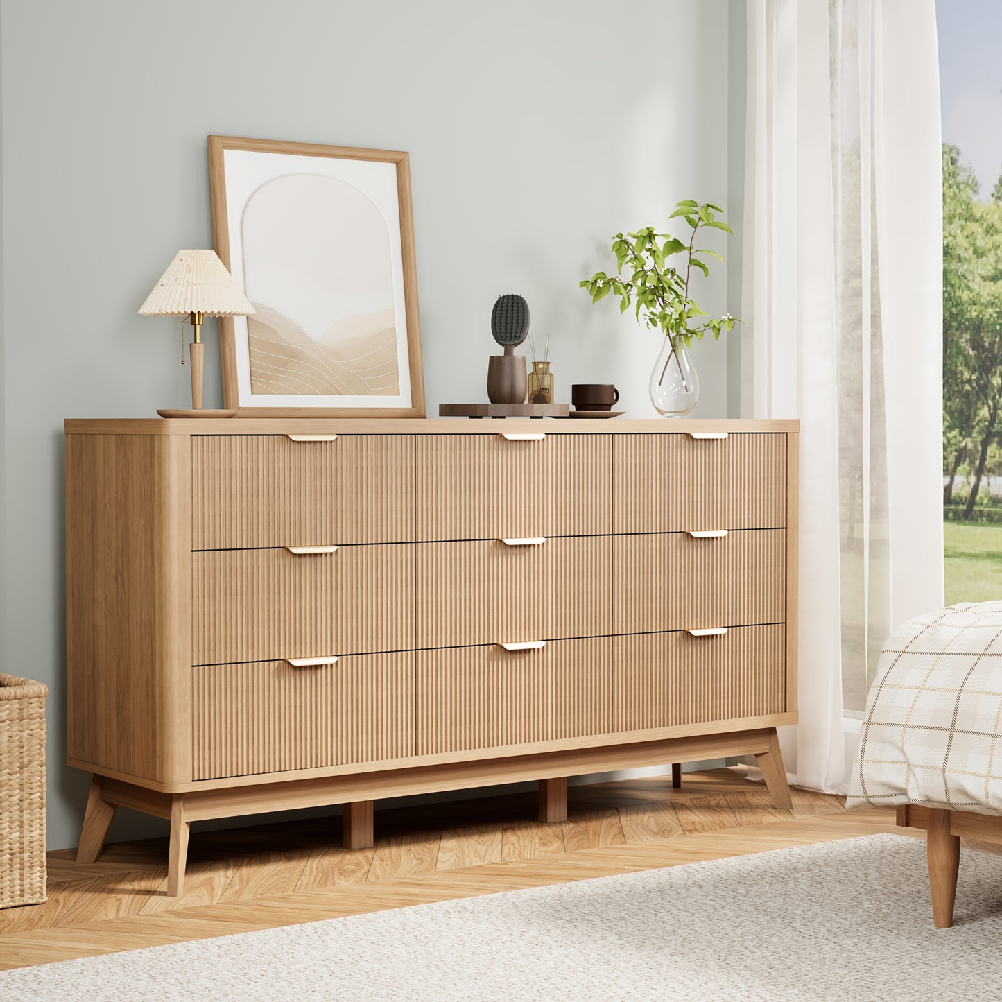 Willow Bend Nine-Drawer Wood Dresser
59″ Mid-Century Inspired Solid Wood Storage Chest