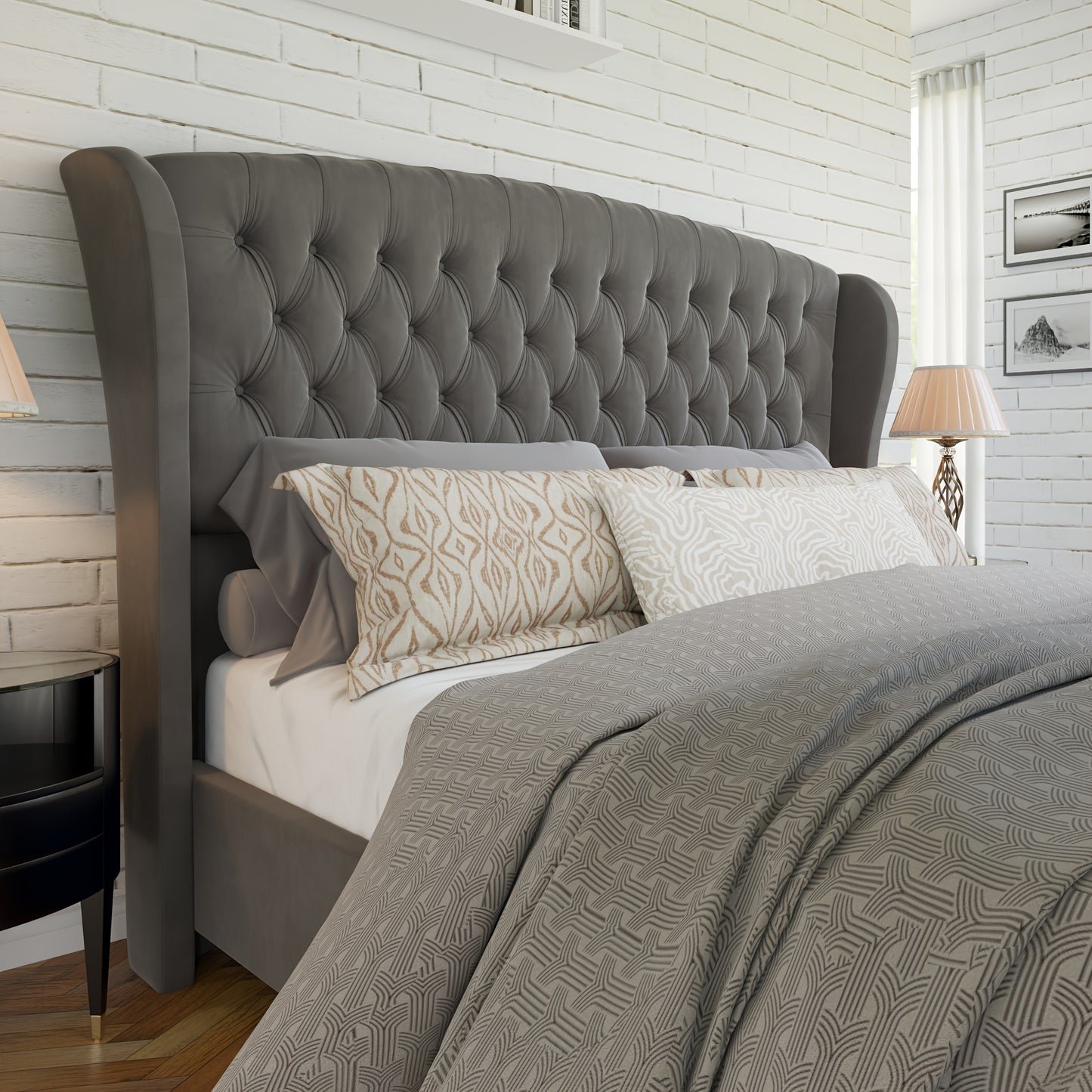 Seraphine Tufted Scroll Wingback Bed – Chenille Platform Support - solid wood furniture by Chic Woods