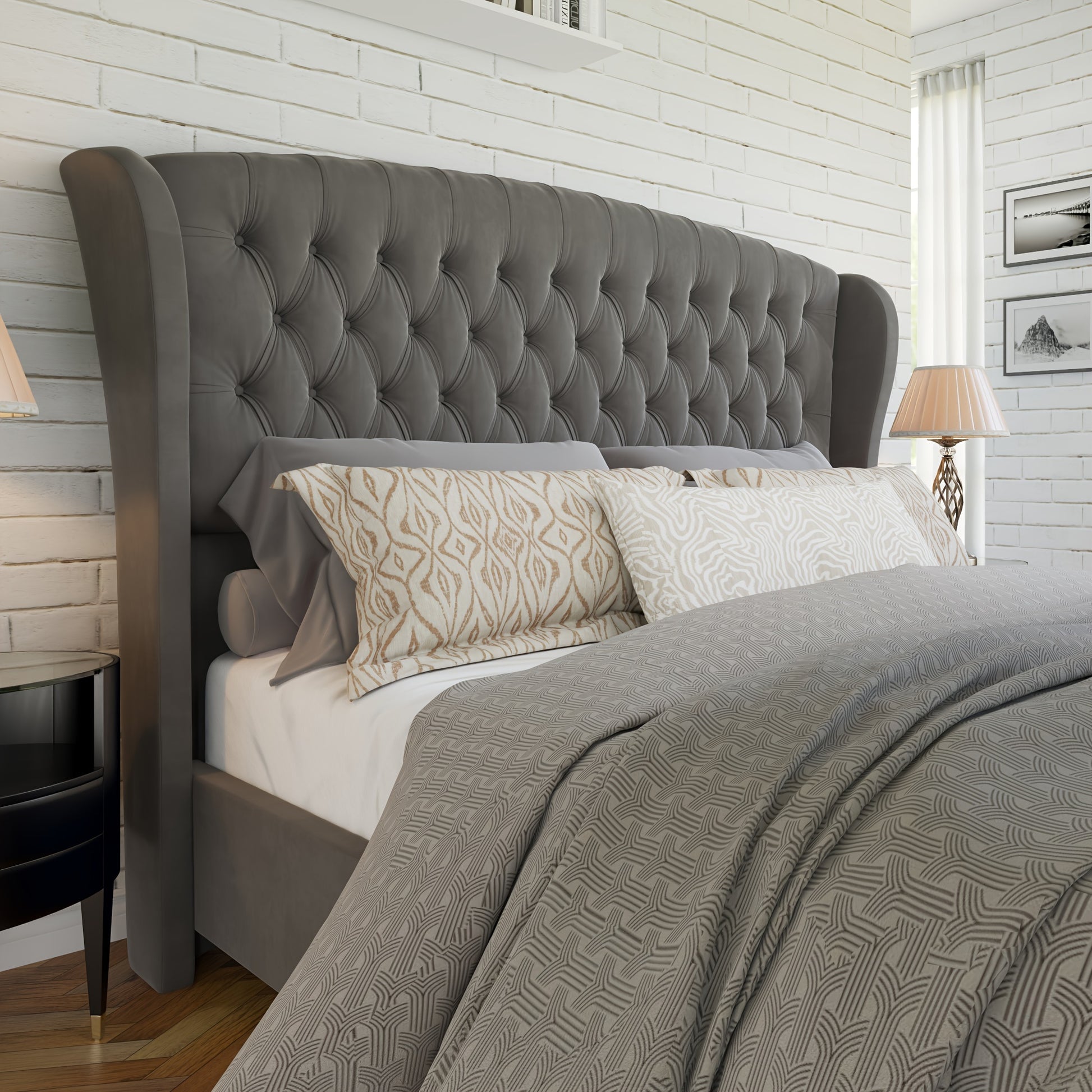 Seraphine Tufted Scroll Wingback Bed – Chenille Platform Support - solid wood furniture by Chic Woods