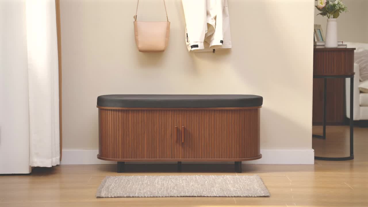 Arlington Walnut Entryway Bench with Sliding Door Shoe Storage