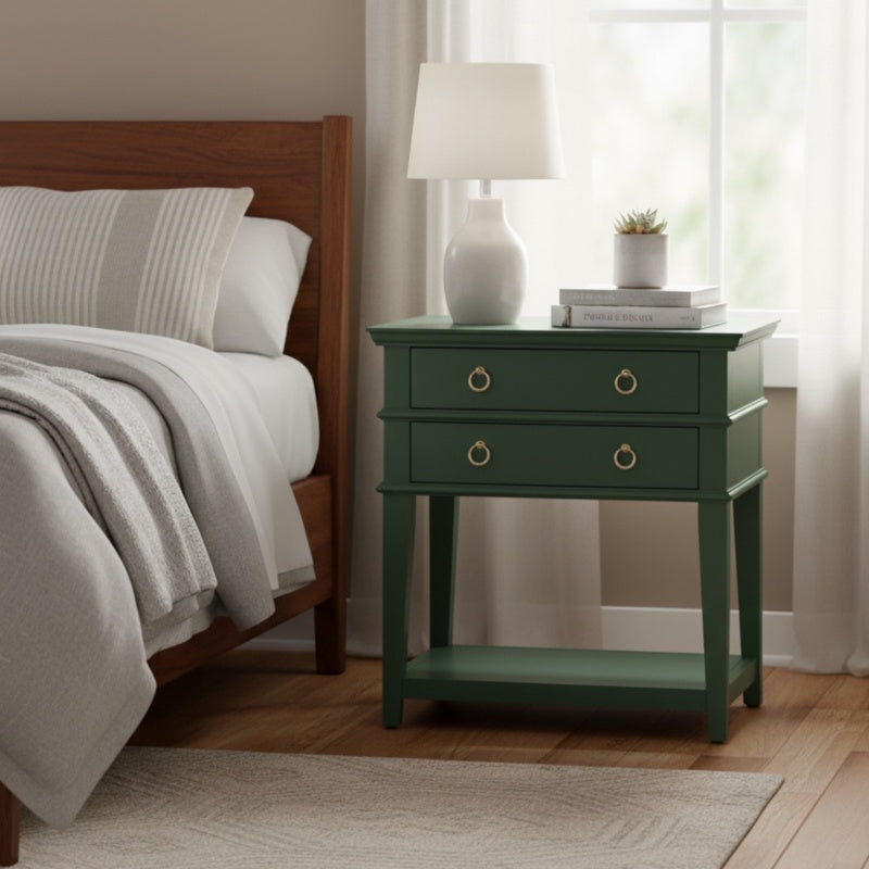 Evermere Vintage Green Nightstand | Tray-Top 2-Drawer Design