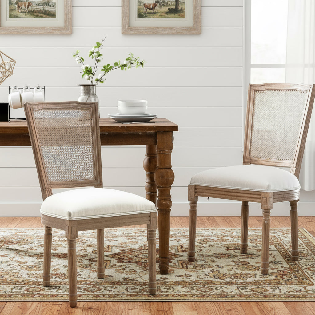 “Set of 6 French Country Rattan-Square Dining Chairs – Solid Wood Farmhouse Bistro Set”