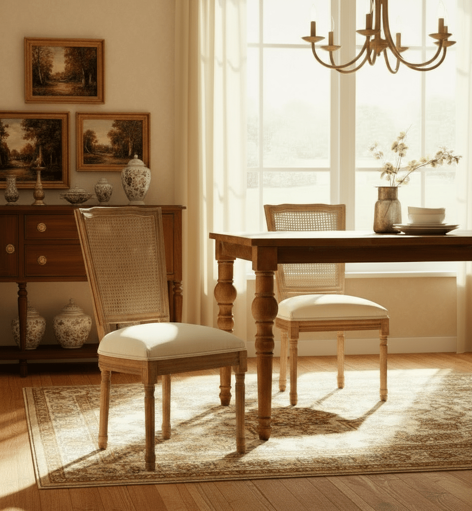 “Set of 6 French Country Rattan - Square Dining Chairs – Solid Wood Farmhouse Bistro Set” - solid wood furniture by Chic Woods