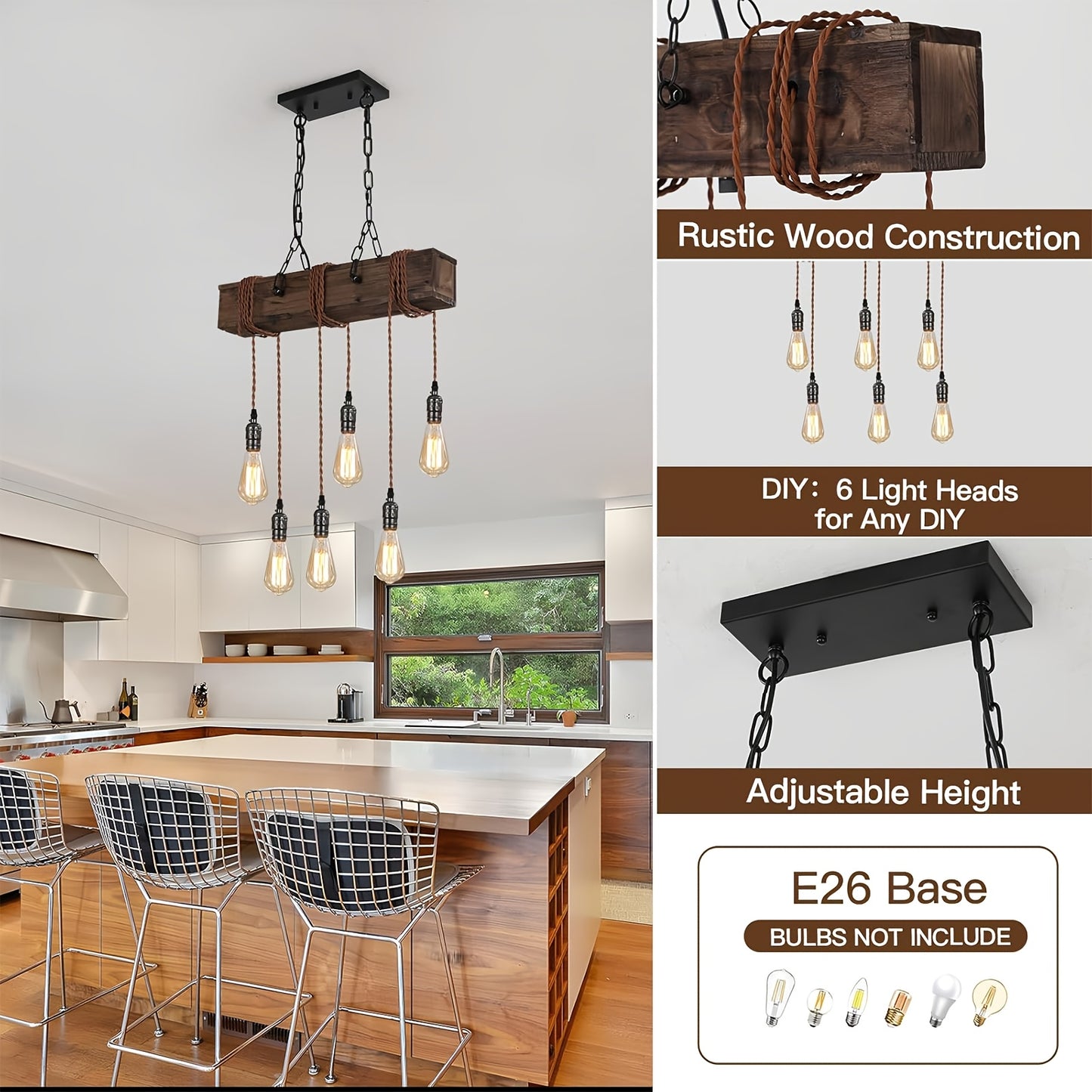[Rustic | Farmhouse] Rustic 6-Light Farmhouse Chandelier | Adjustable Height Wooden Pendant Light with Metal Sockets | for Kitchen Island, Dining Room, Bar, Pool Table, or Cabin - Warm Ambient Lighting for Cozy Spaces