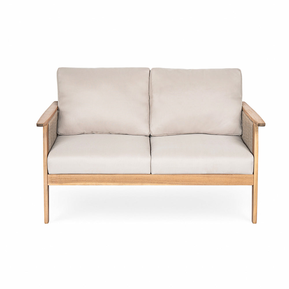 [Modular Outdoor Sofa] Acacia Wood Modular Outdoor Sofa Set 4pcs, Rope Accent Patio Furniture with [Removable Beige Cushions], Weatherproof Seating for Backyard, Garden, Deck