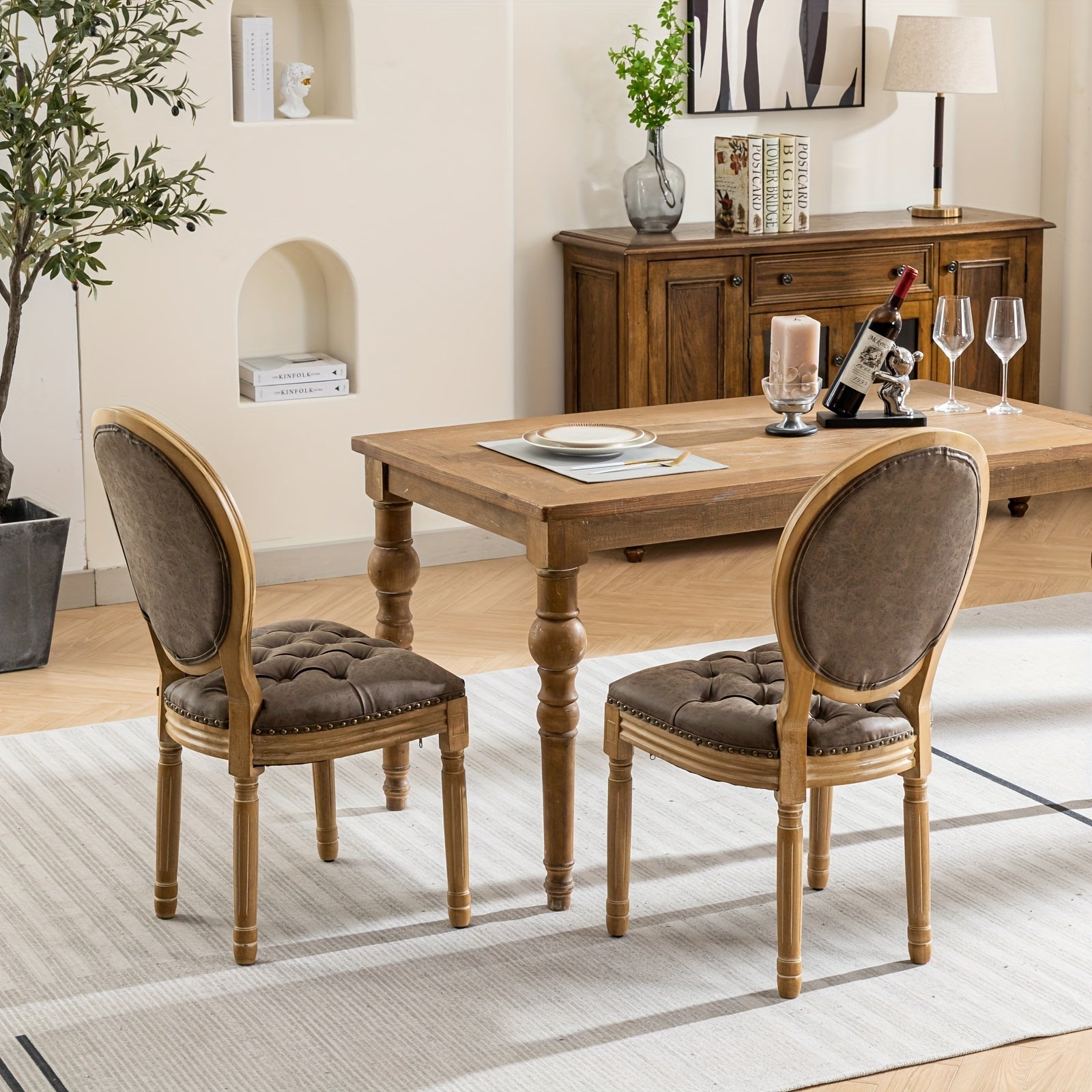 Classic French Style Dining Chairs - Solid Wood Frame, Faux Leather, Nail head accents - solid wood furniture by Chic Woods