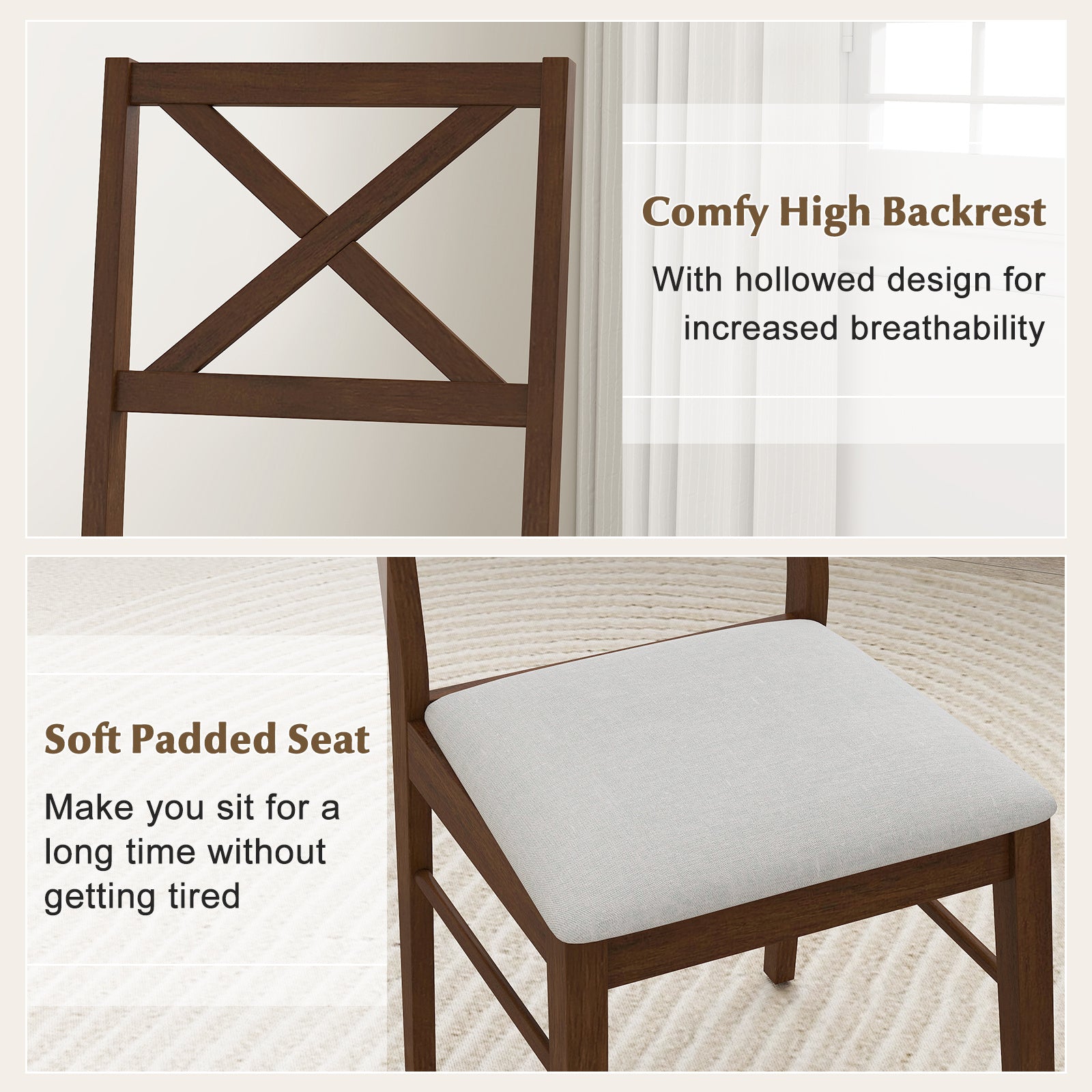 COSTWAY Dining Chairs Set of 2, Upholstered Kitchen Side Chairs w/ Rubber Wood Frame, Padded Seat, Cross Back, Farmhouse Armless Dinette Chairs for Dining Room, Living Room