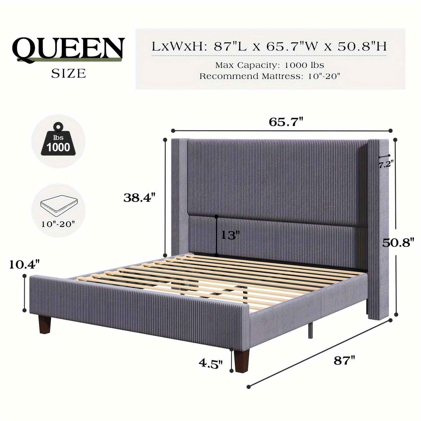 Upholstered Wingback Platform Bed Frame
