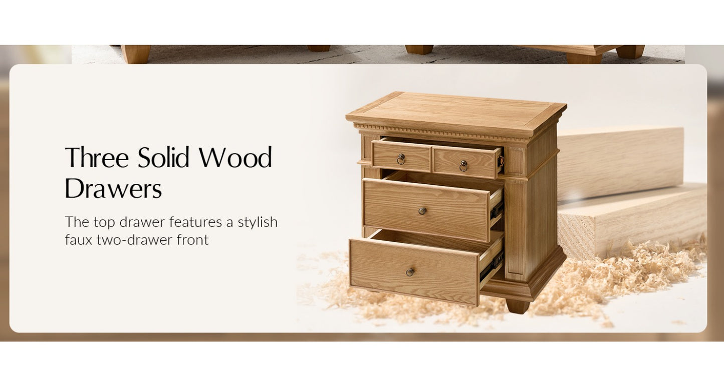 Walnut Nightstand with Charging Station & 3 Drawers