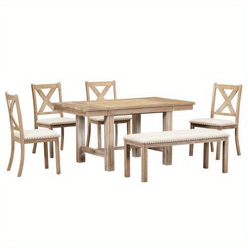 Thompson 6 - Piece Farmhouse Dining Set - 82" Extendable Table with Footrest, 4 Upholstered Chairs & Bench, Natural beige Cushions - solid wood furniture by Chic Woods
