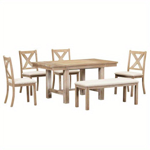 Thompson 6-Piece Farmhouse Dining Set- 82" Extendable Table with Footrest, 4 Upholstered Chairs & Bench, Natural beige Cushions