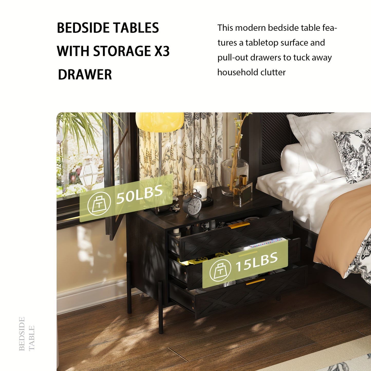 Modern 3-Drawer Nightstand with Metal Hardware